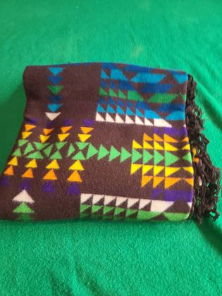 Pendleton "Beaver State" fringed jacquard robe/shawl, brown ground with green, turquoise, yellow and purple banded geometric, plate 148