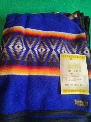 Pendleton "Beaver State" Indian Robe and/or Shawl with original paper hangtag, royal blue diamond-band pattern 2600, plate 167