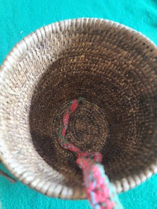 Coiled cedar-root gathering basket with crocheted yarn rim and handle, plate 197