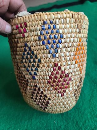 Polychrome imbricated coiled berry basket with pale buckskin rim binding, plate 213