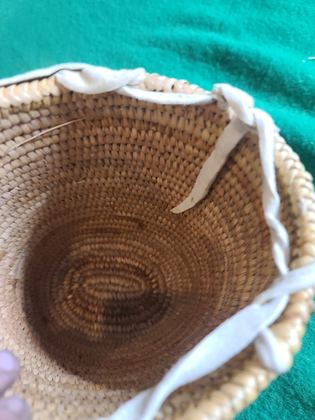 Polychrome imbricated coiled berry basket with pale buckskin rim binding, plate 214