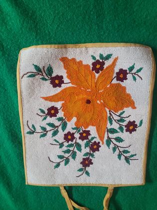 Large Plateau contour-beaded floral flat bag, orange lily and maple-leaf design