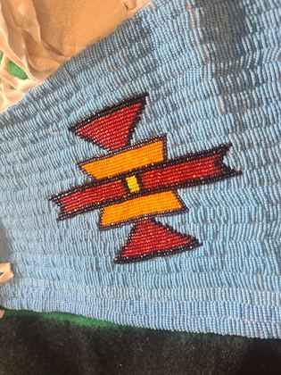 Beaded-yoke buckskin dress, light blue lane-stitch ground, plate 6